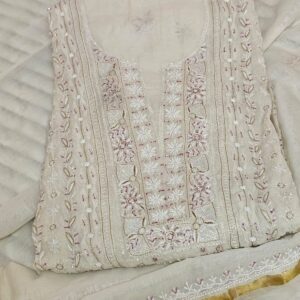 Off-white dyeable mul chanderi chikankari hand embroidered kurta material with gold zari threadwork and bead detailing