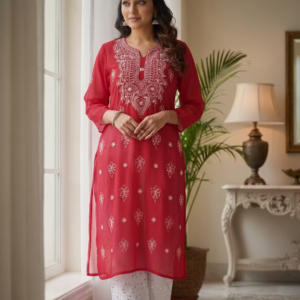 Georgette Chikankari Embroidered Mirror Straight Kurta Set