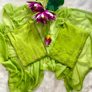 Parrot green Lucknowi Chikankari hand embroidered 3-piece kurta pant set with matching chiffon dupatta
