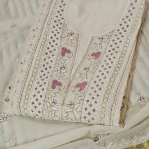 Dyeable Off-White Mul Chanderi Chikankari Kurta & Dupatta Set with Pink Add-on Zari Work