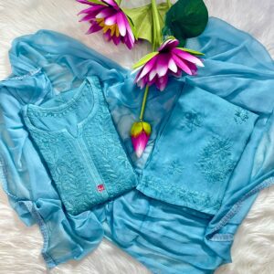 Alt Text: Sky blue Lucknowi Chikankari hand embroidered 3-piece kurta pant set with matching lace border dupatta